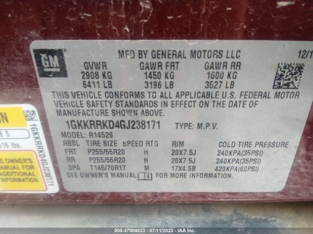 1GKKRRKD4GJ238171 GMC ACADIA SLT