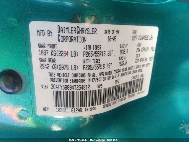 2004 CHRYSLER PT CRUISER TOURING VIN: 3C4FY58894T254812
