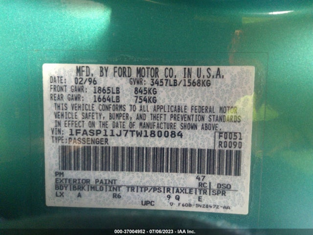 1996 FORD ESCORT LX VIN: 1FASP11J7TW180084