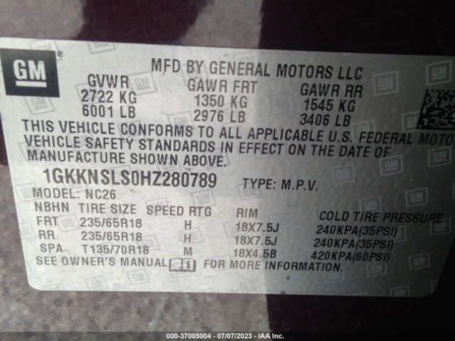 1GKKNSLS0HZ280789 GMC ACADIA SLE