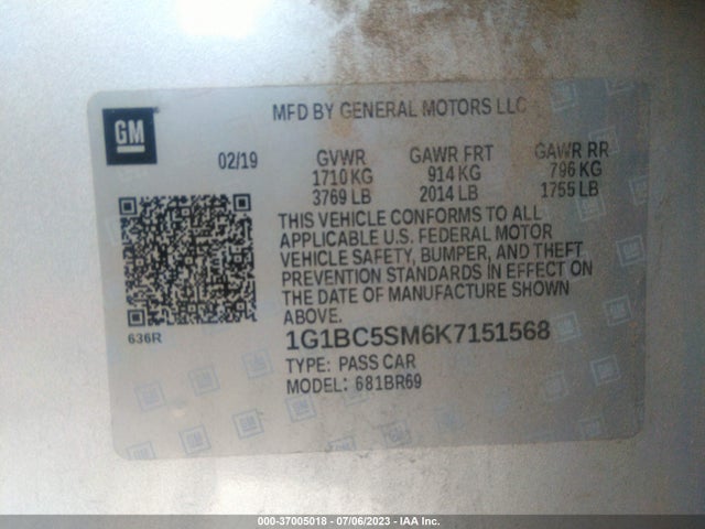 2019 CHEVROLET CRUZE LS VIN: 1G1BC5SM6K7151568