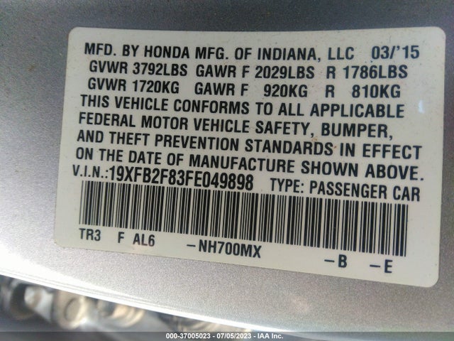 Honda Civic Sedan Ex 2015 19XFB2F83FE049898 Image 9