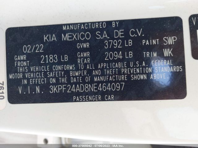 3KPF24AD8NE464097 KIA Forte Lxs