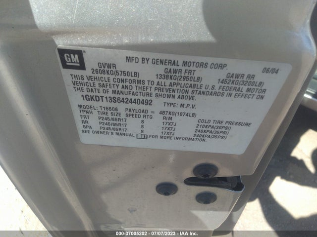 2004 Gmc Envoy Sle მანქანა იყიდება აუქციონზე, vin: 1GKDT13S642440492, აუქციონის ნომერი: 37005202