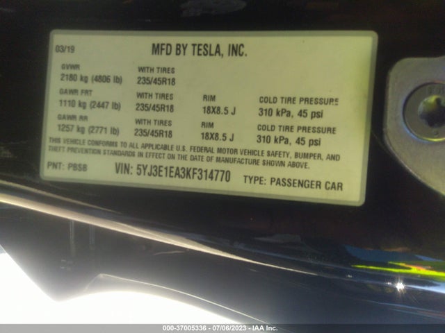 Tesla Model 3 Range 2019 5YJ3E1EA3KF314770 Image 9