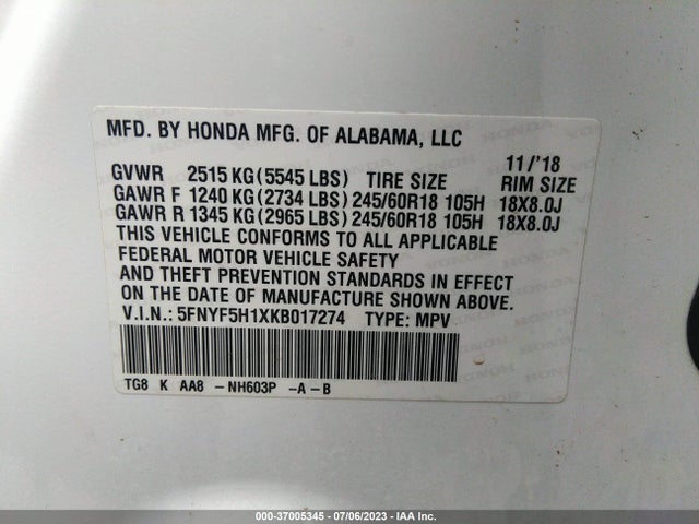 Honda PILOT LX 2019 5FNYF5H1XKB017274 Image 9