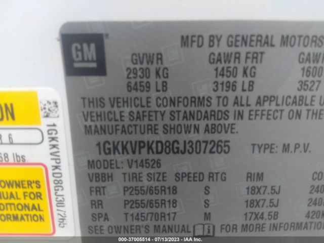1GKKVPKD8GJ307265 GMC ACADIA SLE