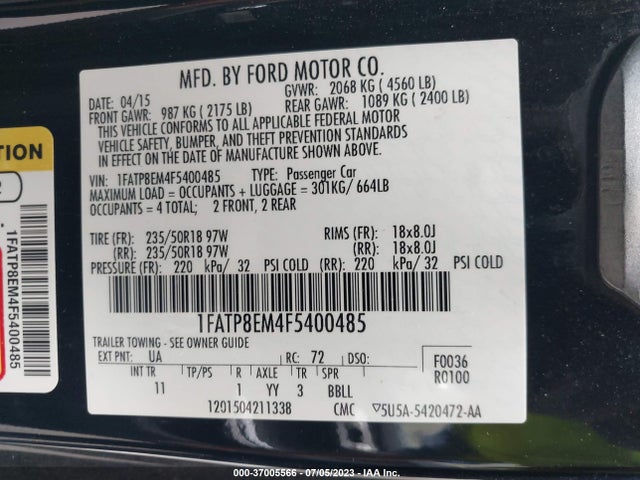 2015 FORD MUSTANG V6 VIN: 1FATP8EM4F5400485