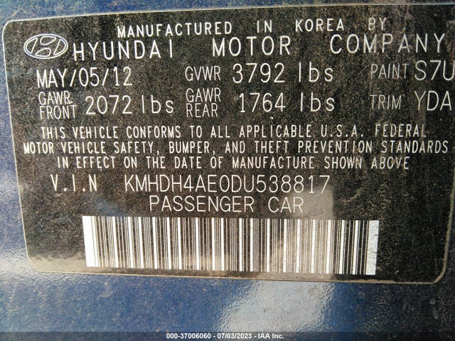 2013 HYUNDAI ELANTRA GLS VIN: KMHDH4AE0DU538817