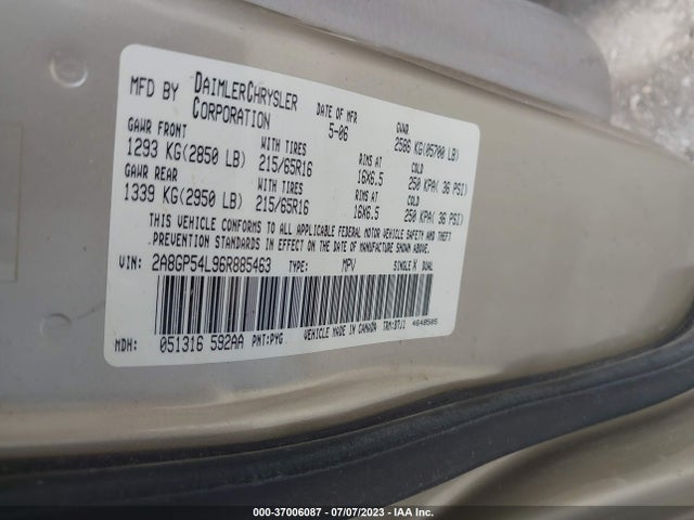 2006 CHRYSLER TOWN & COUNTRY LWB TOURING VIN: 2A8GP54L96R885463
