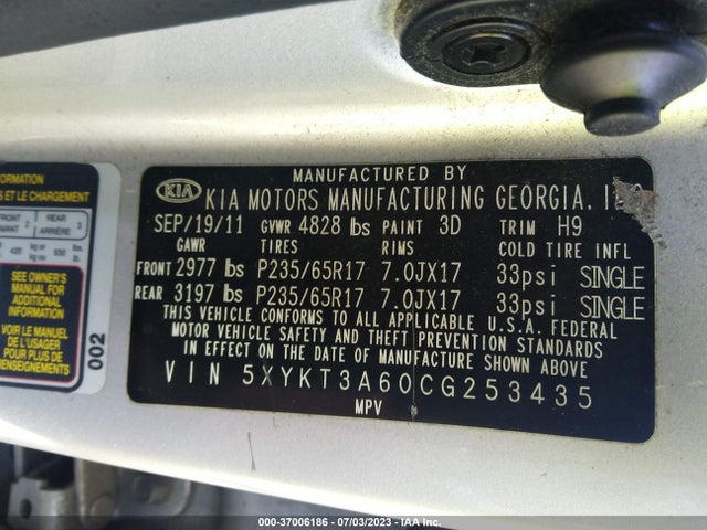2012 KIA SORENTO LX VIN: 5XYKT3A60CG253435