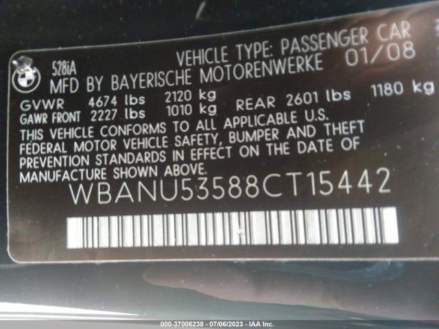 37006238 :رقم المزاد ، WBANU53588CT15442 vin ، 2008 Bmw 5 Series 528i مزاد بيع