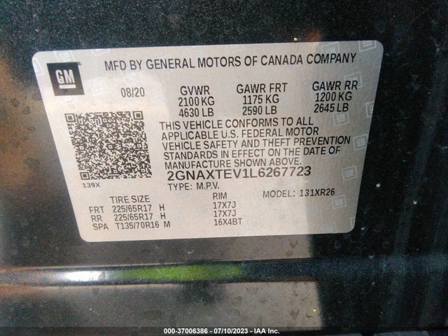 Chevrolet EQUINOX LT 2020 2GNAXTEV1L6267723 Image 9