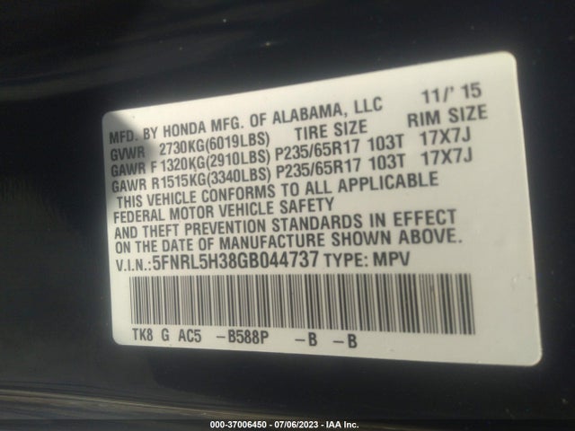 Honda ODYSSEY SE 2016 5FNRL5H38GB044737 Image 9