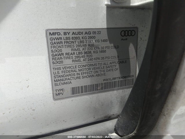 2022 Audi Q7, VIN: WA1LJBF7XND017635