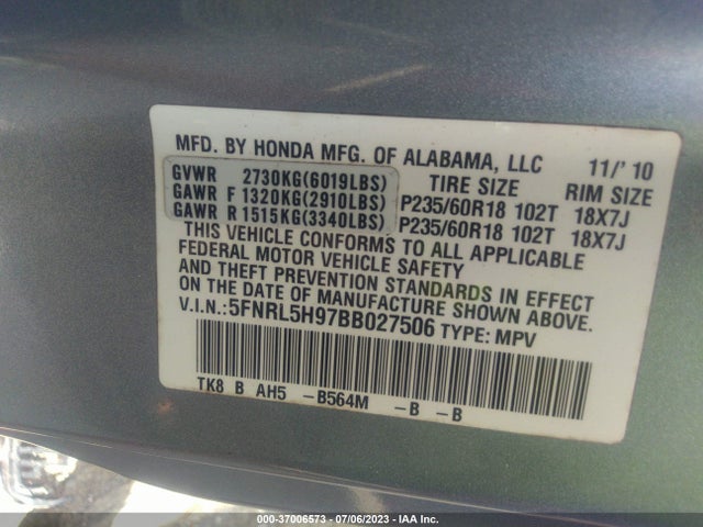 2011 HONDA ODYSSEY TOURING VIN: 5FNRL5H97BB027506