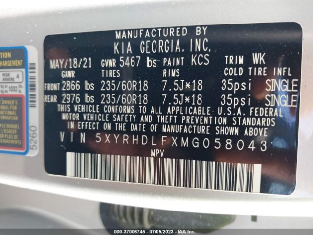 5XYRHDLFXMG058043 KIA SORENTO EX