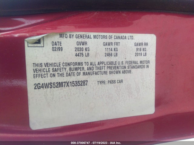 1999 BUICK CENTURY CUSTOM VIN: 2G4WS52M7X1535287