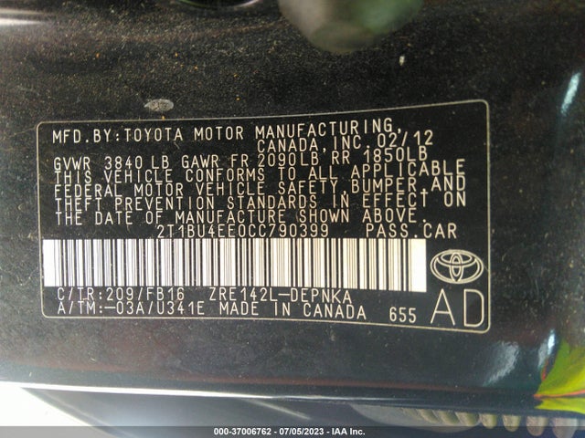 2012 TOYOTA COROLLA L/LE/S VIN: 2T1BU4EE0CC790399