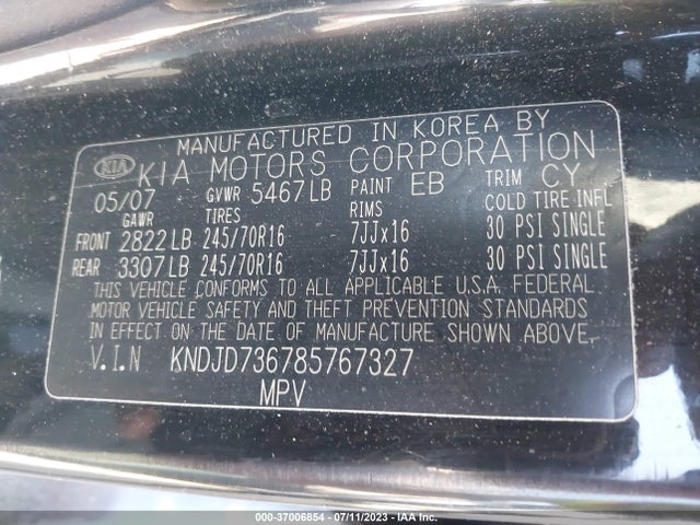 2008 KIA SORENTO EX VIN: KNDJD736785767327