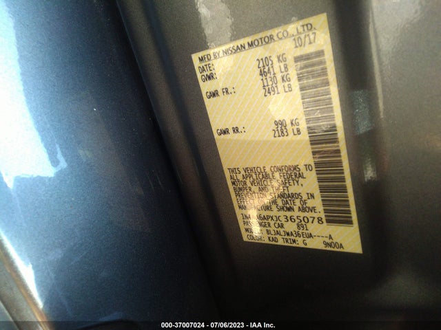 2018 NISSAN MAXIMA SV VIN: 1N4AA6APXJC365078