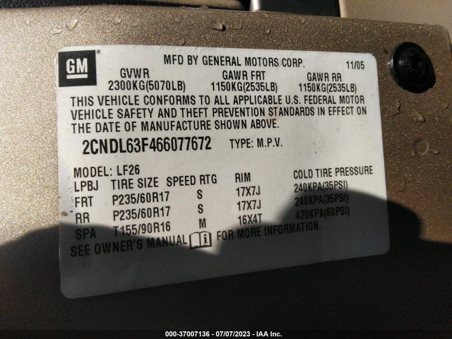 2006 CHEVROLET EQUINOX LT VIN: 2CNDL63F466077672