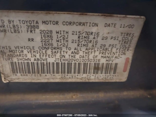 2001 TOYOTA RAV4 VIN: JTEHH20V010050316