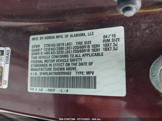 2019 HONDA ODYSSEY EX-L VIN: 5FNRL6H76KB099463