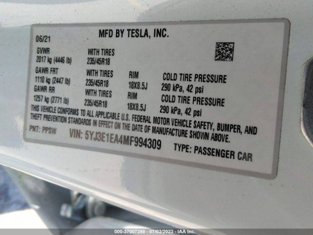 5YJ3E1EA4MF994309 Tesla Model 3 Standard Range Plus