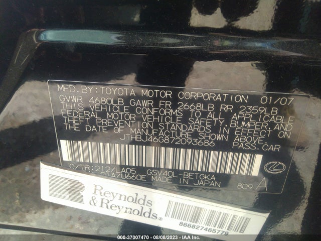 2007 LEXUS ES 350 VIN: JTHBJ46G872093686