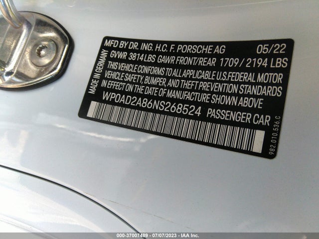 2022 Porsche 718, VIN: WP0AD2A86NS268524