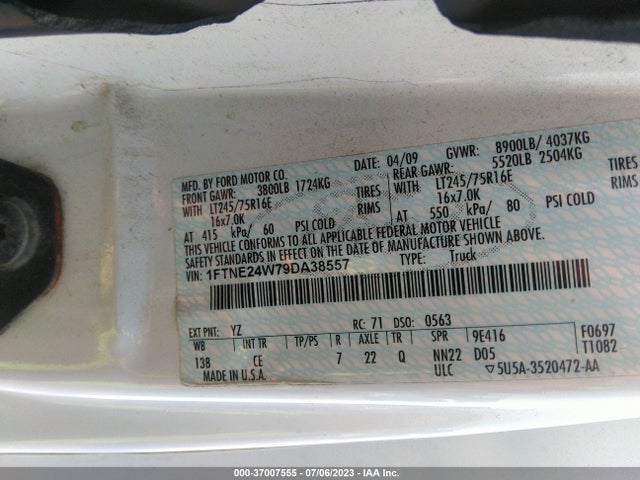 2009 FORD ECONOLINE CARGO VAN COMMERCIAL/RECREATIONAL VIN: 1FTNE24W79DA38557