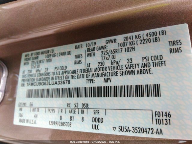 1FMCU9G63LUA33678 Ford ESCAPE SE