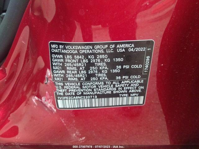 1V2FE2CA6NC220713 Volkswagen Atlas Cross Sport 3.6l V6 Sel Premium