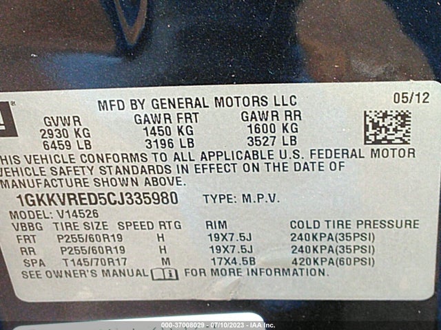 2012 GMC ACADIA SLT-1 VIN: 1GKKVRED5CJ335980