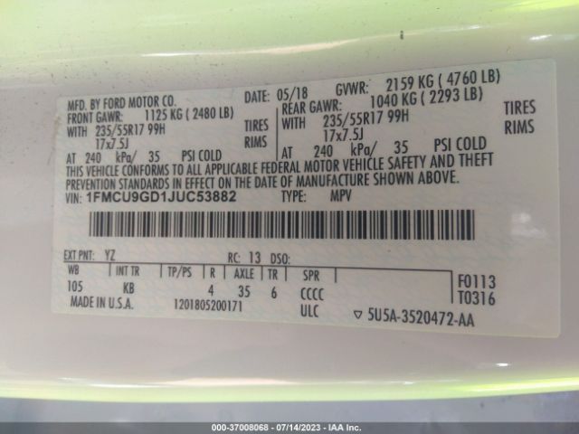 1FMCU9GD1JUC53882 Ford ESCAPE SE