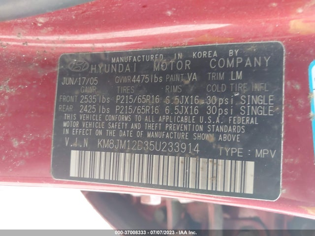 2005 HYUNDAI TUCSON GL VIN: KM8JM12B35U233914