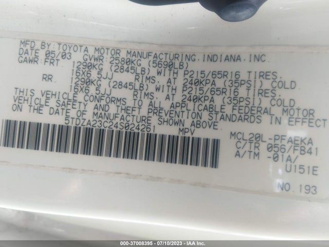 2004 TOYOTA SIENNA CE/LE VIN: 5TDZA23C24S024261