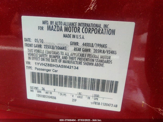 Продаж на аукціоні авто 2010 Mazda Mazda6 I Sport, vin: 1YVHZ8BH3A5M42134, номер лоту: 37008404