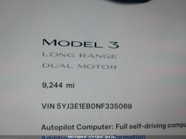 5YJ3E1EB0NF335069 Tesla Model 3 Long Range