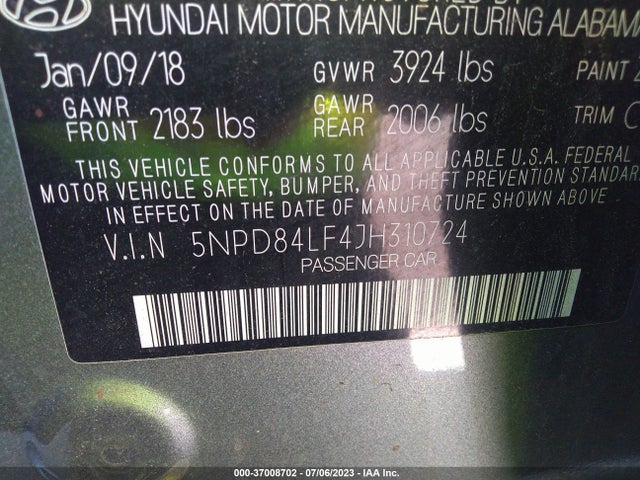 2018 HYUNDAI ELANTRA SEL VIN: 5NPD84LF4JH310724