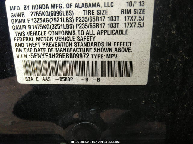Honda PILOT LX 2014 5FNYF4H26EB009972 Image 9