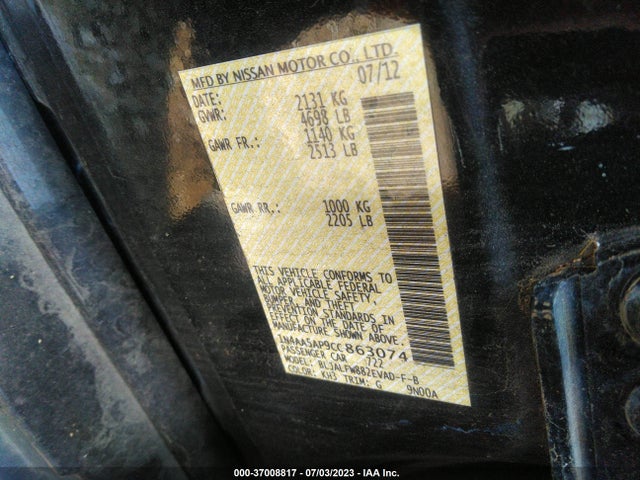 2012 NISSAN MAXIMA 3.5 SV VIN: 1N4AA5AP9CC863074