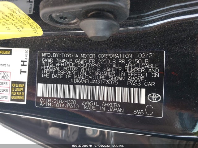 2021 TOYOTA PRIUS L VIN: JTDKAMFU4M3143075
