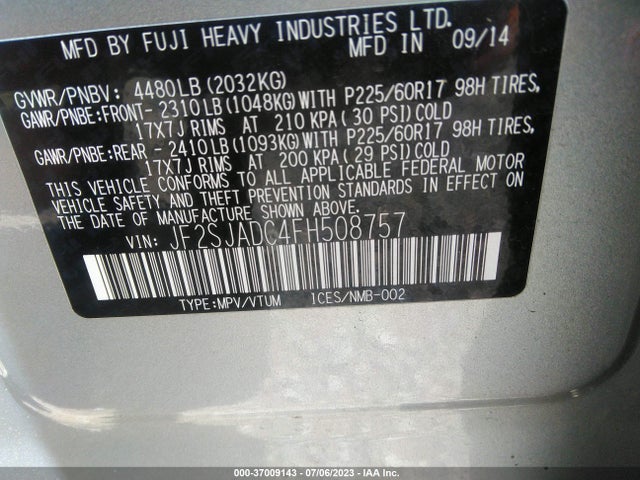 2015 SUBARU FORESTER 2.5I PREMIUM VIN: JF2SJADC4FH508757