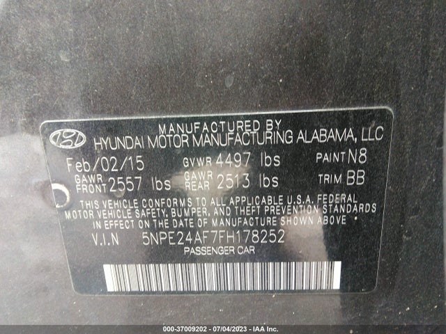 2015 HYUNDAI SONATA 2.4L SE VIN: 5NPE24AF7FH178252
