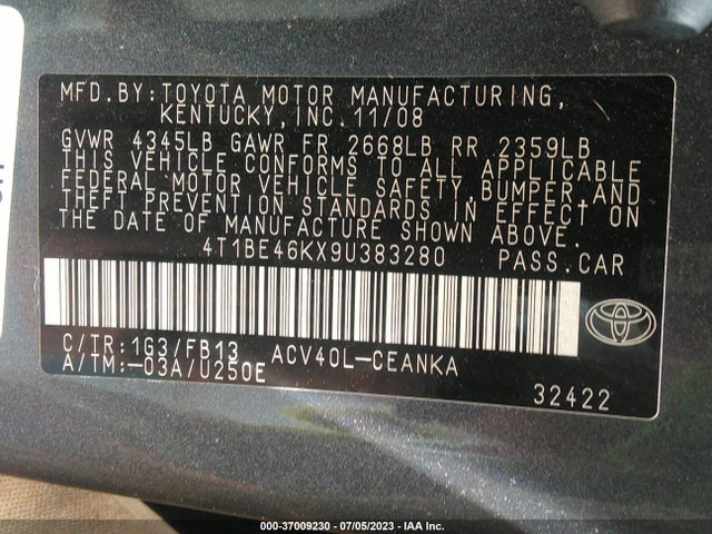 2009 TOYOTA CAMRY LE VIN: 4T1BE46KX9U383280