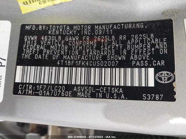 2012 TOYOTA CAMRY SE VIN: 4T1BF1FK4CU502007