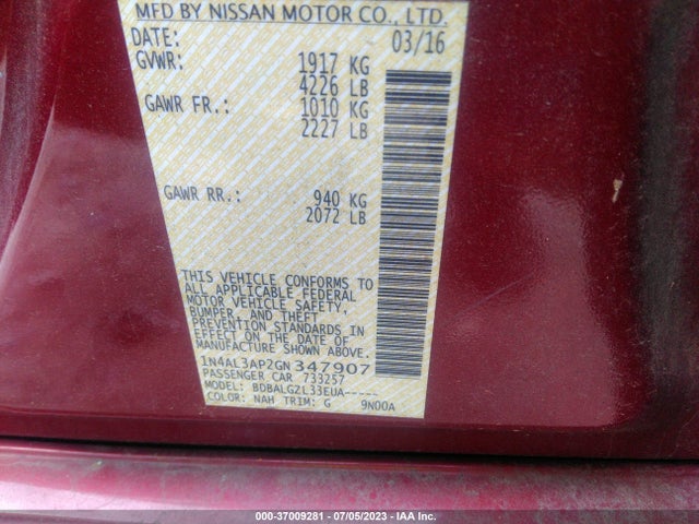 2016 NISSAN ALTIMA 2.5 VIN: 1N4AL3AP2GN347907