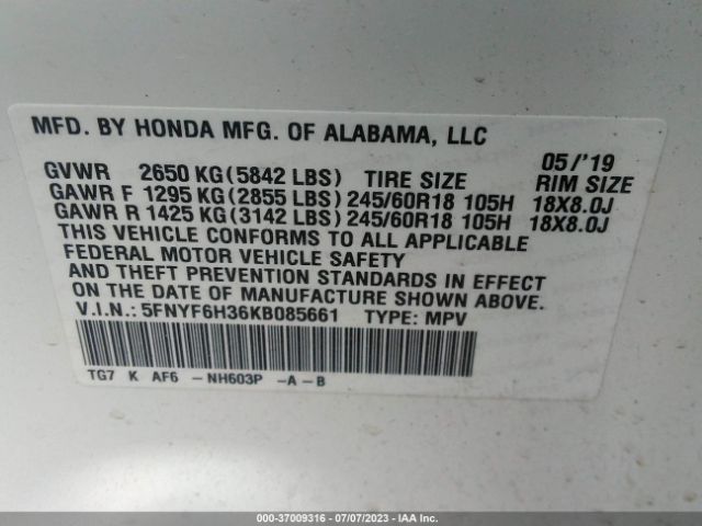 5FNYF6H36KB085661 Honda Pilot Ex